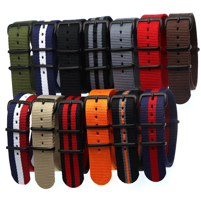 

18 20 22 24mm Brand Sport Army nato fabric Nylon strap accessories Bands Belt Buckle For 007 James binding Bracelet Watch black