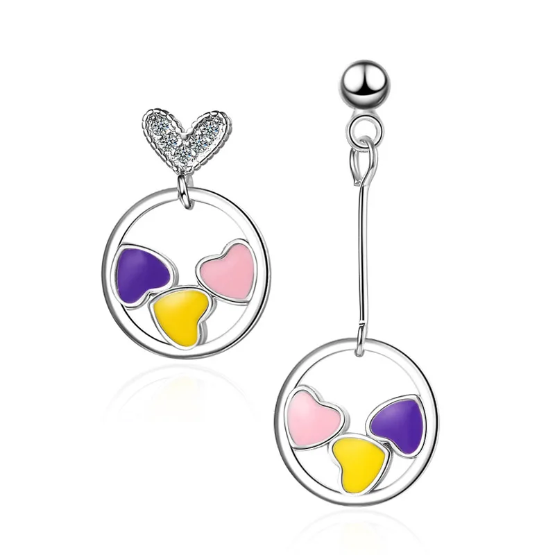 

S925 Silver Earring Asymmetry Pave & Enemal Hearts Stud Earring For Women Gift Lady Girl Fashion AAA Zircon Jewelry