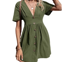 summer new solid color loose a line skirt ladies fashion casual button front deep v neck cotton and linen womens dress 2021