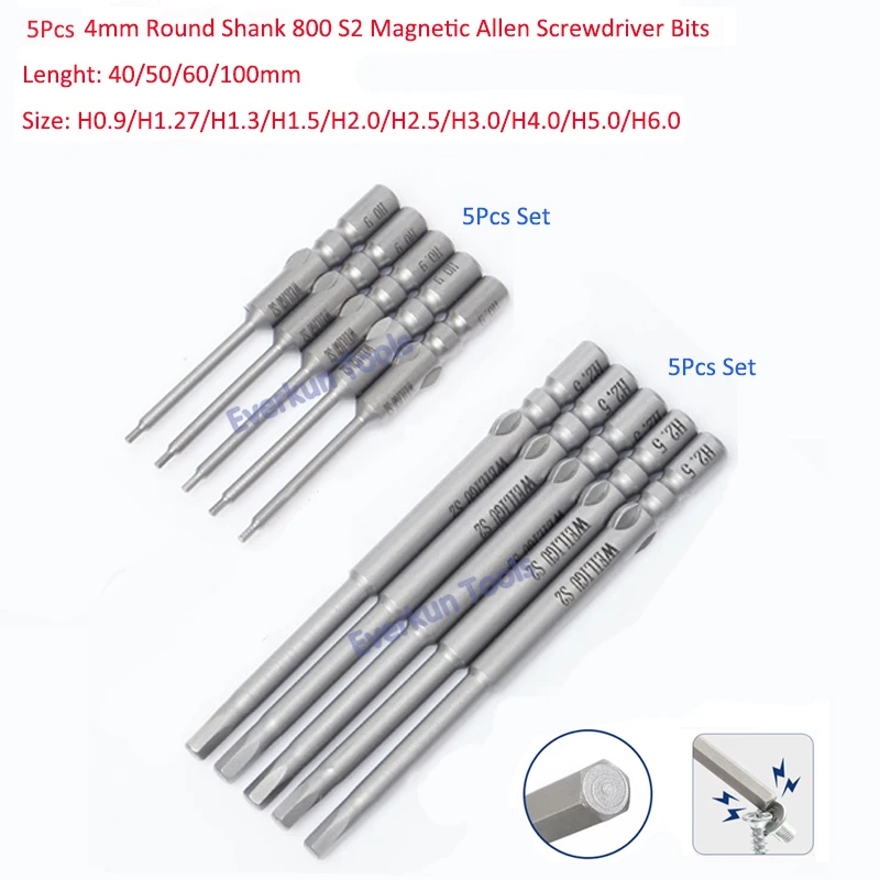 

5Pcs 4mm Round Shank 800 S2 Magnetic Allen Screwdriver Bits Lenght 40/50/60/100mm Metric H0.9-H6.0 Electric Repair Tools Hex Key