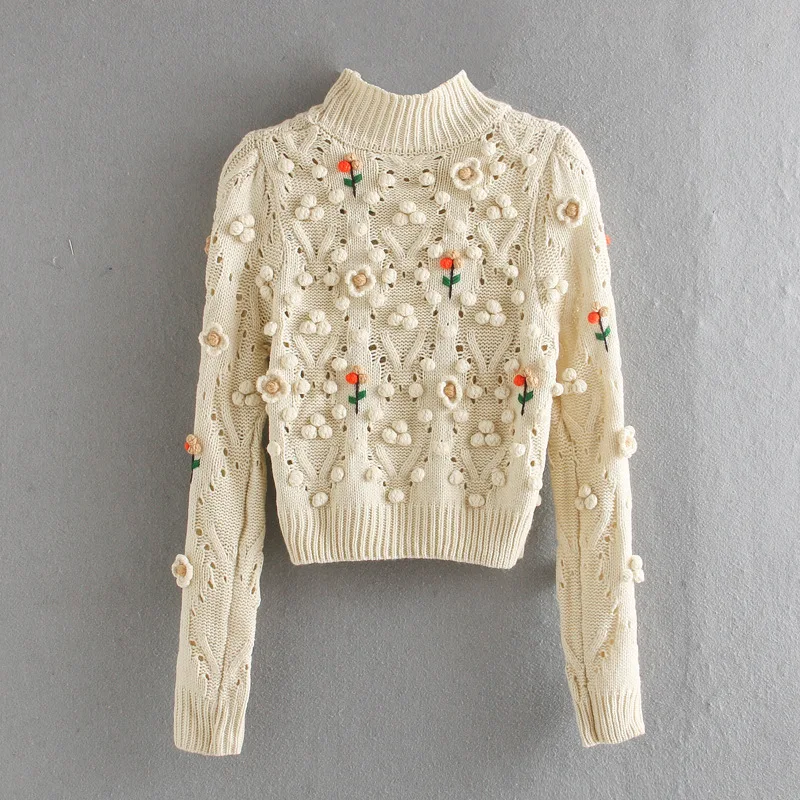 

High Quality Spring Autumn Turtleneck Sweater 2020 New Crochet 3D Floral High Neck Short Sweater Beige Lazy Oaf Sweater Tops