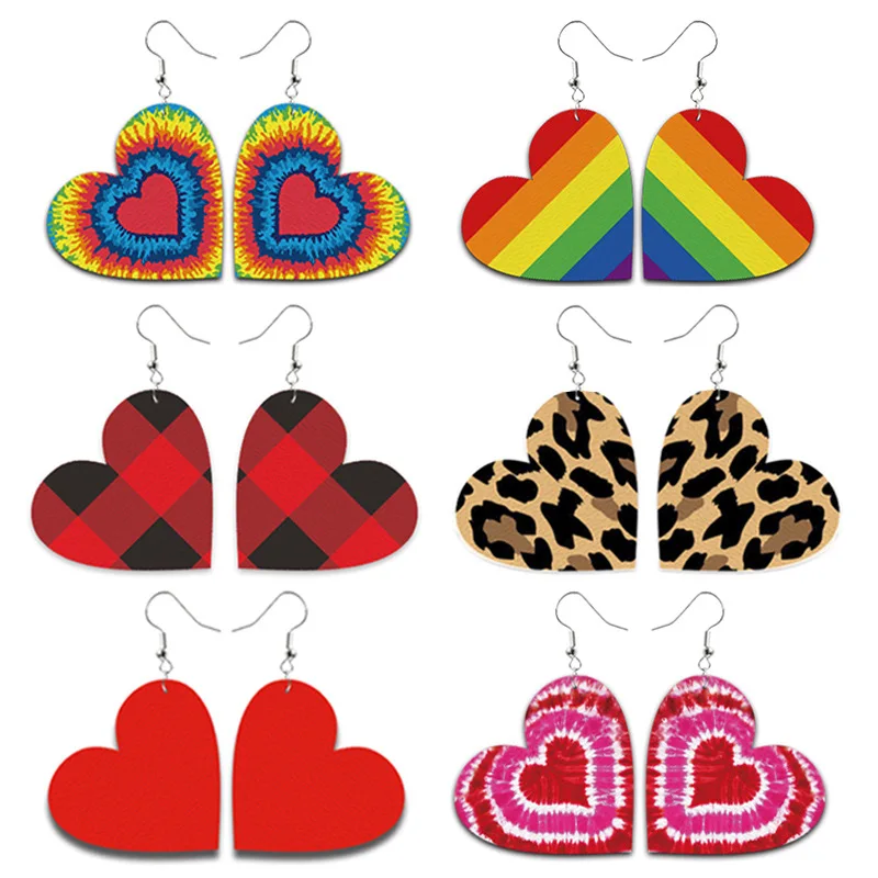 Pendientes de piel sintética con forma de corazón para mujer, arcoíris, joyería de leopardo, regalo para el Día de San Valentín, 2021