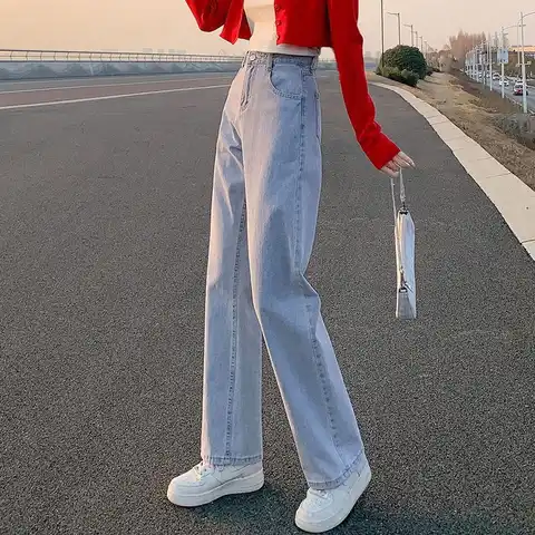 Denim Trousers Korean High Wais Jeans Women Wide Pants Woman Gray Blue Jean Femme Taile Haute High Waist Streetwear y2k Jeans