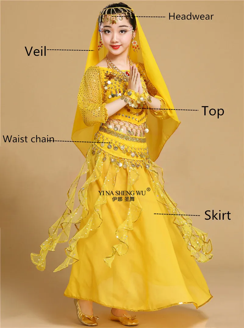 Yellow 5pcs Детские костюмы для танца живота, индийские Детские костюмы для танца живота, одежда для восточных танцев для девочек, индийский комплект для выступлений в Болливуде, танец живота - Цвет: Yellow 5pcs