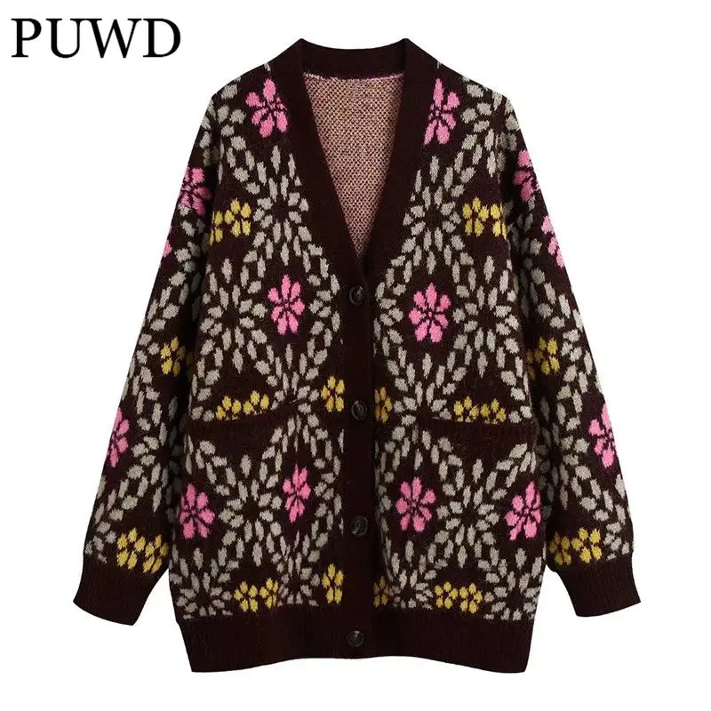 

PUWD Oversize Women V Neck Knitted Cardigan 2021 Autumn Fashion Ladies High Street Vintage Sweater Female Print Loose Sweater