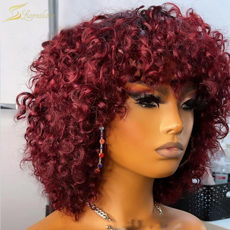 

99j Red Colored Full Machine Made Wig For Women With Bang Deep Water Wave Curly Human Hair Brazilian Wig No Lace High Density