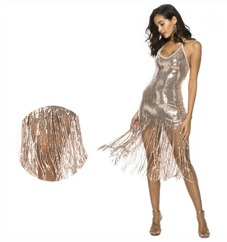 KAUNISSINA Sequin Tassel Cocktail Dresses Sexy Club Wear Party Dress Halter Strap Backless Party Gown Cocktail Dress