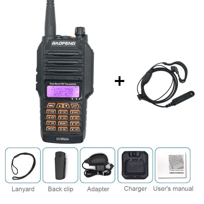 add earpiece BAOFENG UV-9R PLUS 10 Вт Высокая мощность Водонепроницаемая рация UHF VHF 4800 мАч морской CB Ham Радио Рыбалка КВ трансивер UV 9R - Цвет: add earpiece
