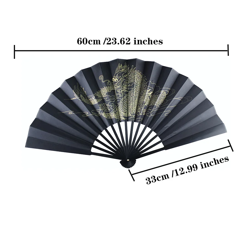 Большой складной веер с черным лицом китайским принтом Золотого Дракона