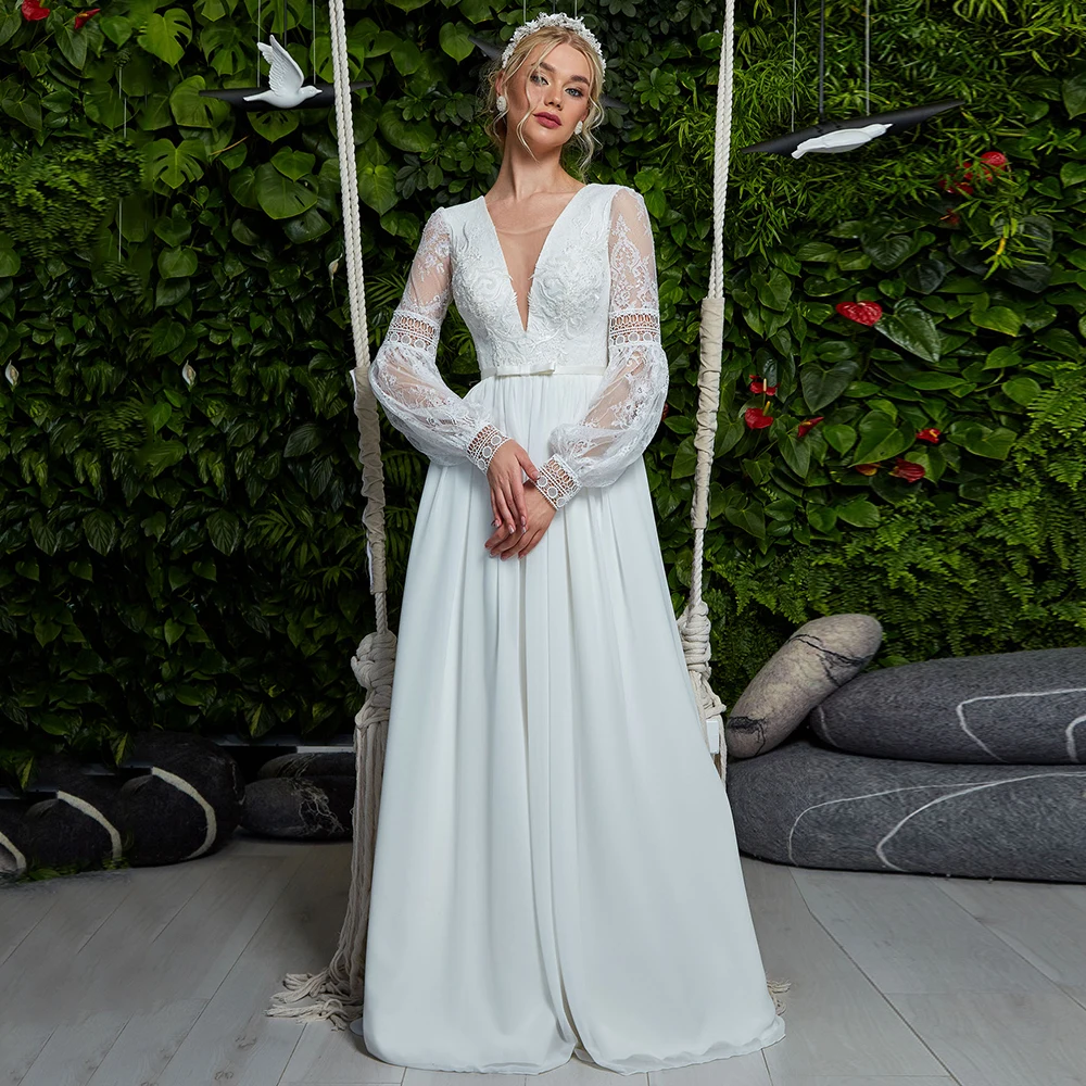 

Elegant A-Line Chiffon Lace Long Sleeve Wedding Dresses with Sashes Sheer V-Neck Floor Length Bridal Gowns Robe De Mariée 2021
