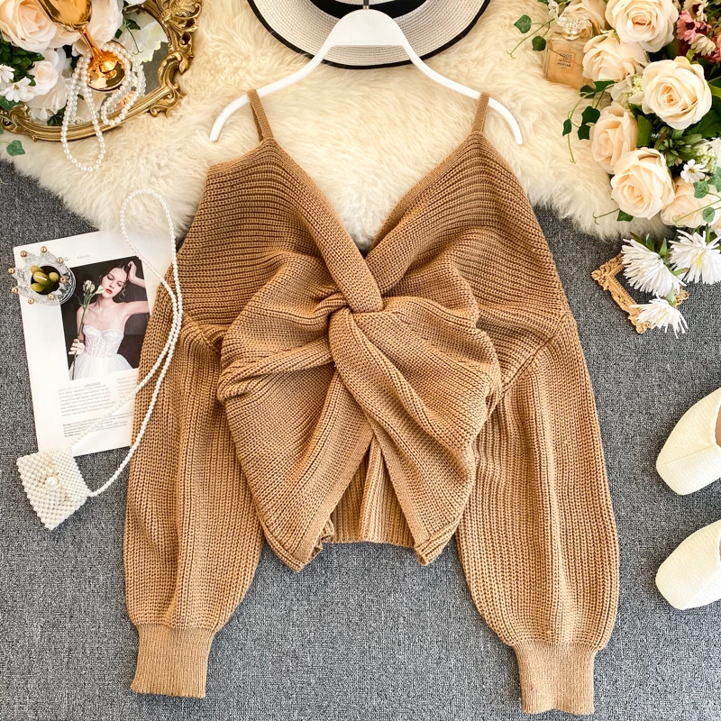 Модный свитер с открытыми плечами и узлом Женский Стильный вязаный пуловер