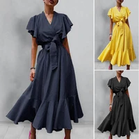retro short sleeve dresses womens high waist v neck long dress ladies ruffle dress with big swing maxi dresses for women