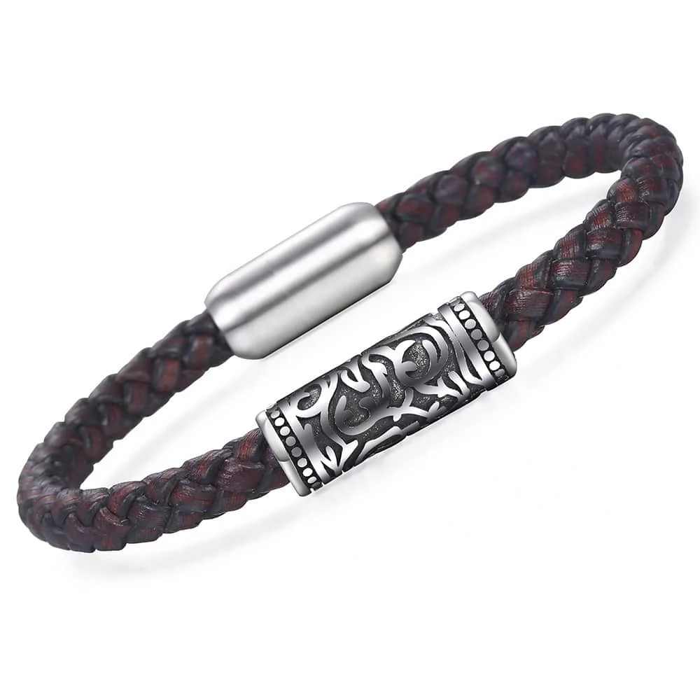 Мужской плетеный кожаный браслет 8 мм матовый Cinnabar Powder из нержавеющей стали с
