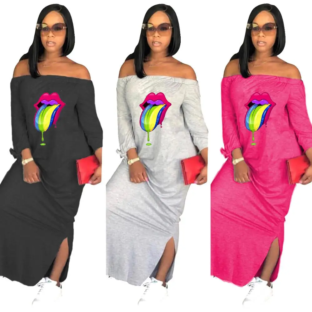 

Autumn New Fashion Lip Print Long Sleeve Women Dress Off The Shoulder Long Design Dress