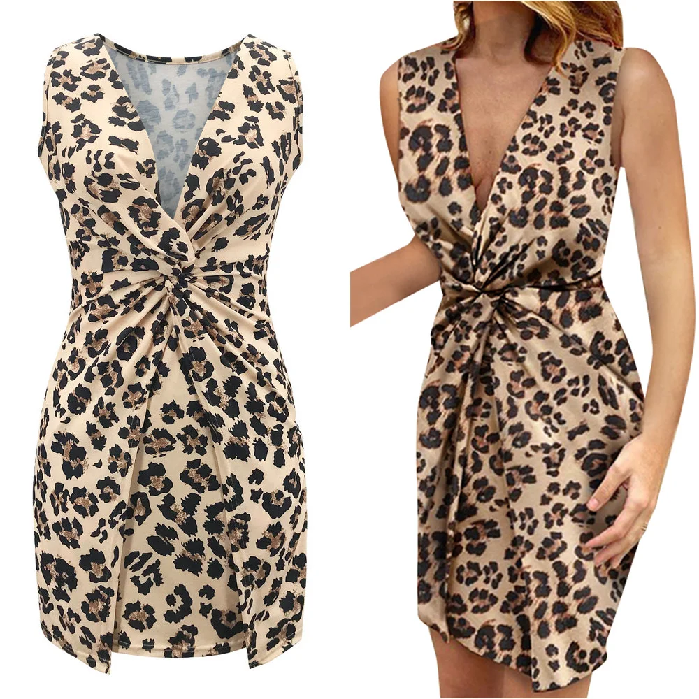 

Sexy Womens Deep V-Nexk High Waist Dress Slim Fitted Party Casual Mini Tank-Dress Leopard Sleeveless Summer Vestidos