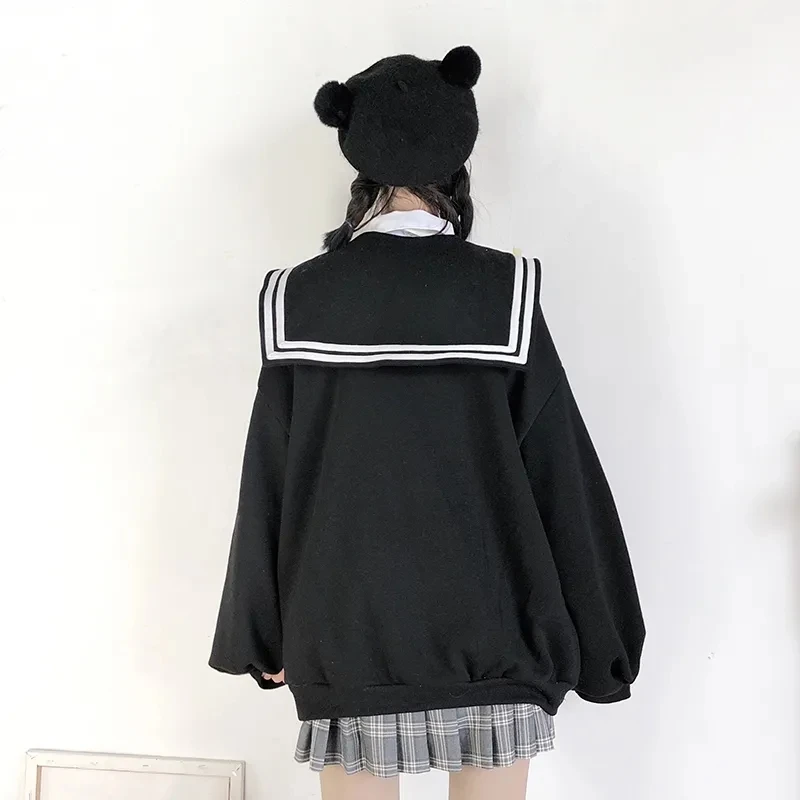 Deeptown Kawaii Navy Zip Up Hoodie Black Sailor Collar Sweatshirt British Style Lolita Coat Long Sleeve Cute Tops Soft Girl Kpop