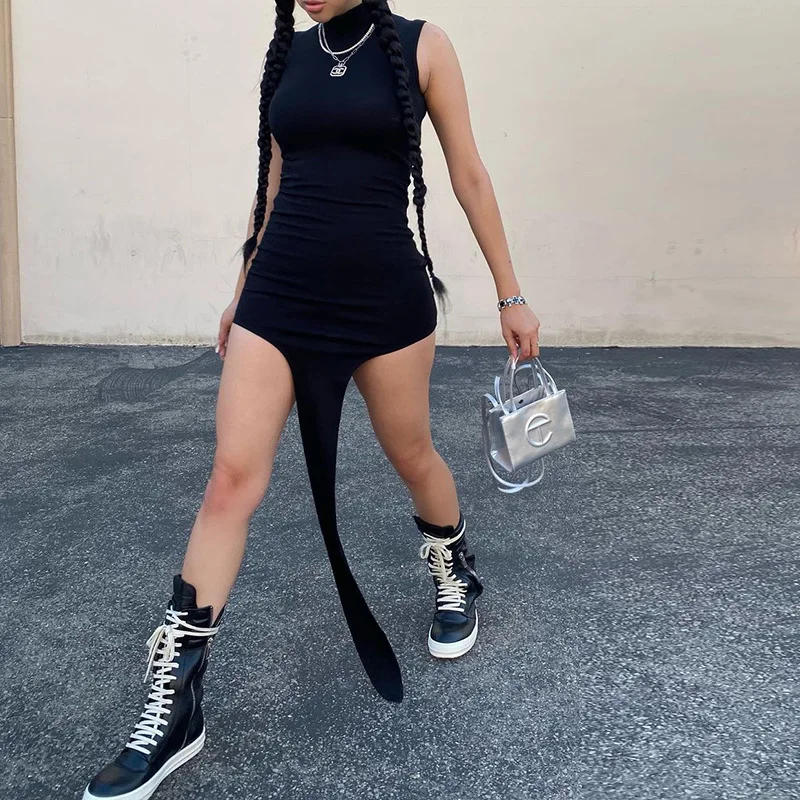 

CIBBAR Casual Solid Irregular Dress Women Sleeveless Slim Sexy Hipster Black Skinny Summer Dresses 2021 New Fashion Streetwear