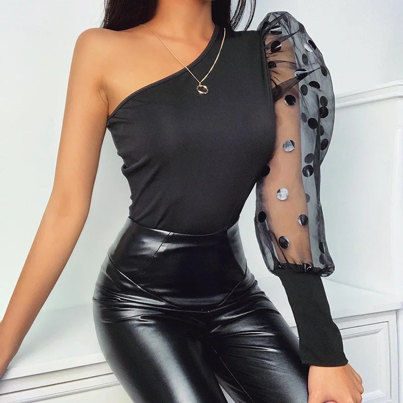 

KAISENDZ Mesh Long Lantern Sleeve Women's T-shirt One Shoulder Skew Collar Slim Dot Printing Female T-shirt Streetwear Party Top