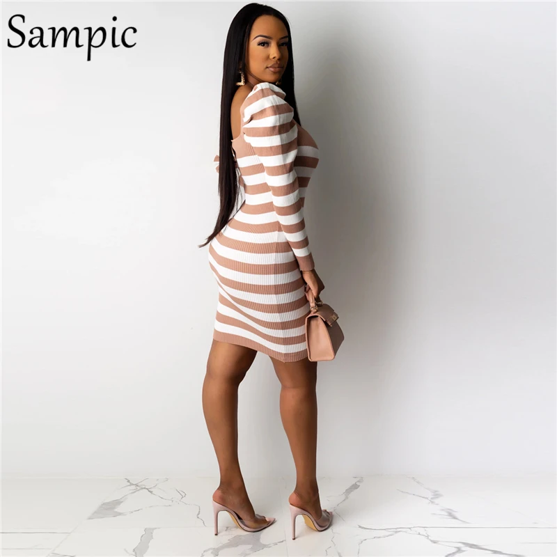 Sampic сексуальное женское Полосатое Пышное трикотажное платье свитер с длинным