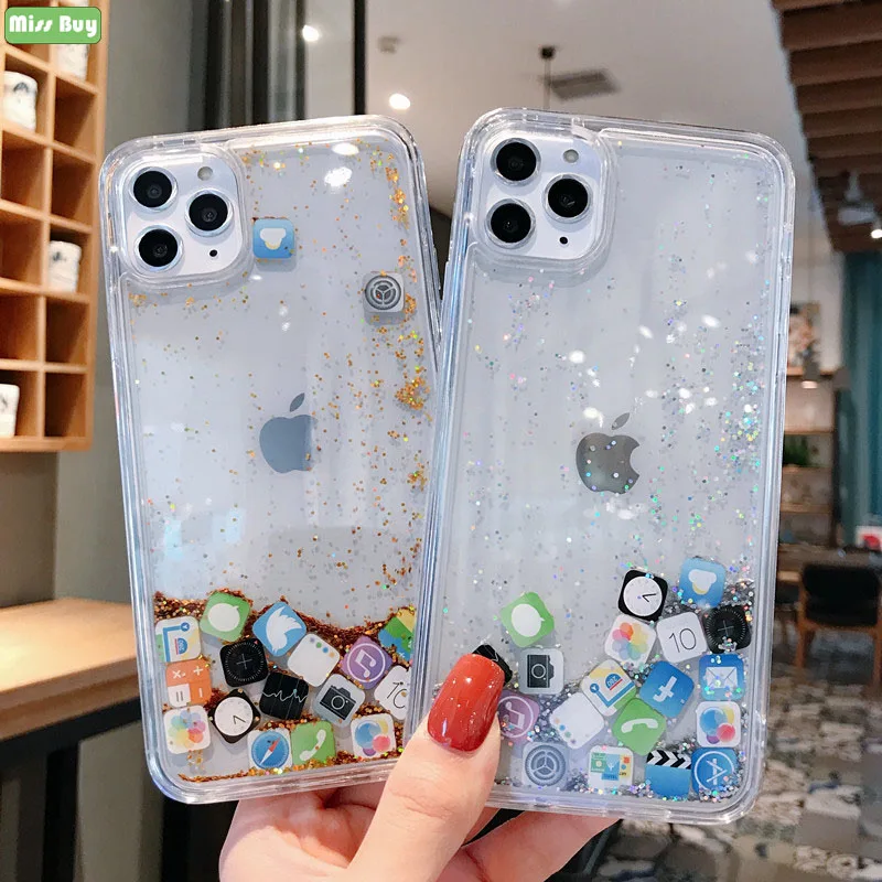 

APP Liquid Quicksand Phone Case For iPhone 11 Pro Max XS Max XR X 6 7 8 Plus Case Luxury Dynamic Glitter Back Protection Cover