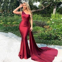 cheap charming burgundy long sexy mermaid prom dresses one shoulder backless satin formal dress plus size evening party gowns