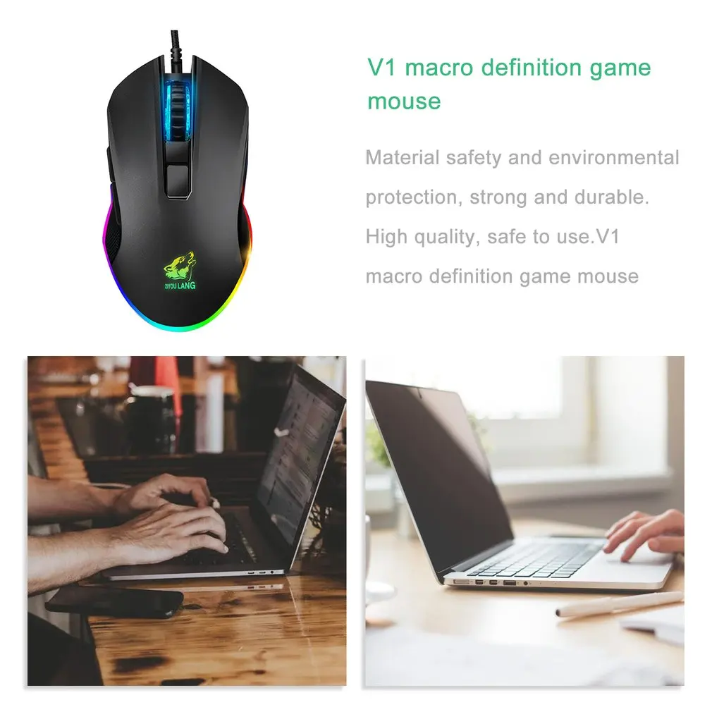 

V1 Gaming Mouse Wired RGB Light 8 Programmable Buttons Optical Sensor Gamer Mice Black Game Mouse Ergonomic Design