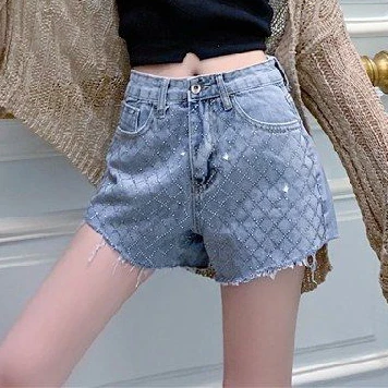 

Hot Rhinestone Loose Denim Shorts Women's Summer Ins New Hole Wide Feet Thin Hot Pants Trend ripped jeans for women