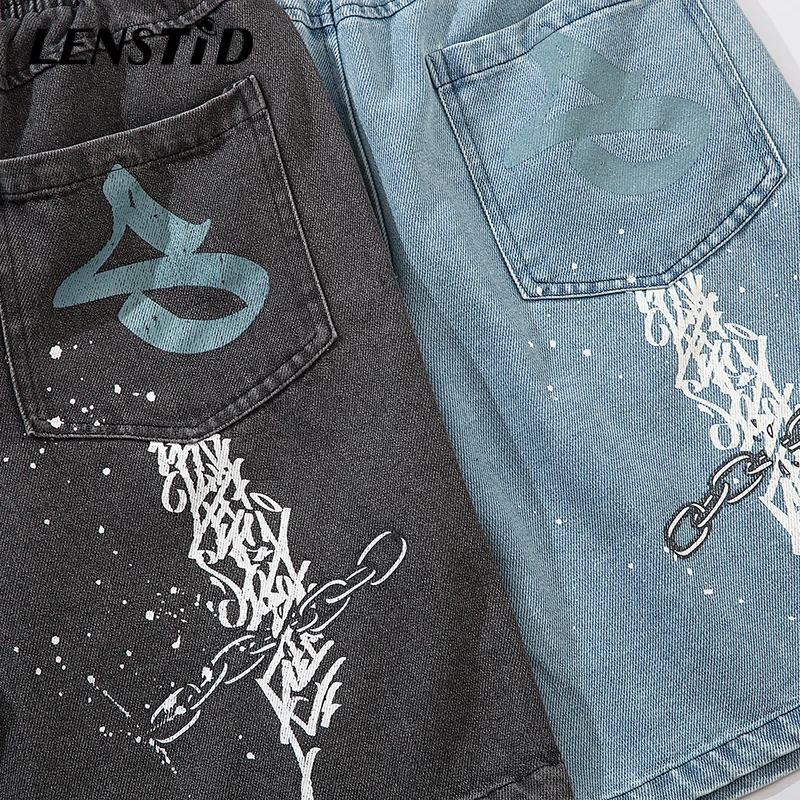 Джинсовые шорты LENSTID мужские в стиле хип-хоп уличная одежда с принтом Призрака и