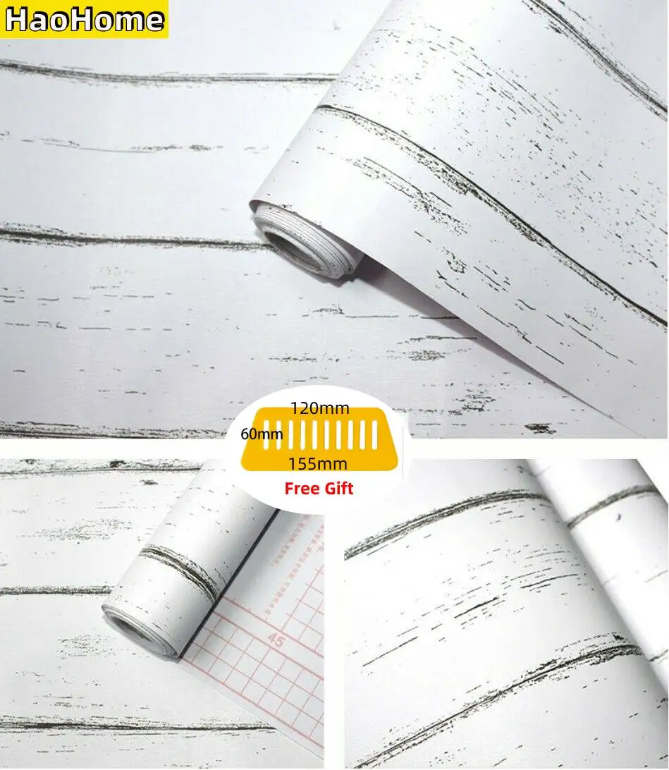 

HaoHome Vintage Distressed White Wood Grain Peel and Stick Wallpaper Home Decor