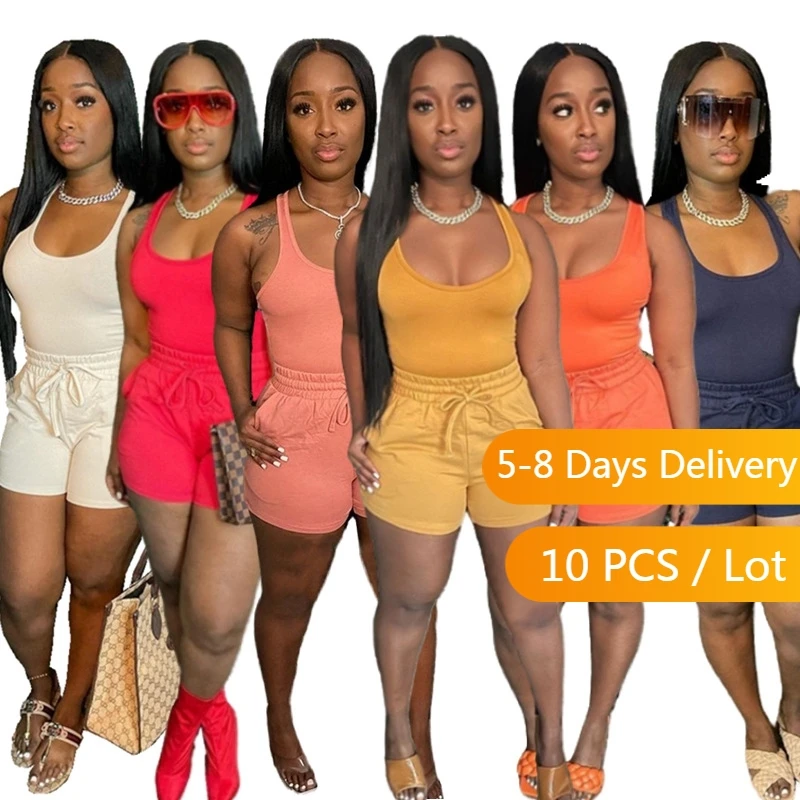 

Оптовая продажа летних спортивных костюмов, женская спортивная одежда, укороченный топ и велосипедные шорты, повседневный облегающий однотонный комплект из двух предметов