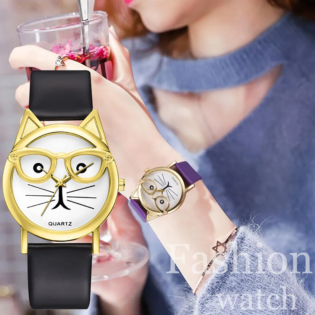 Модные Роскошные Кварцевые часы простой кошачий циферблат повседневный кожаный