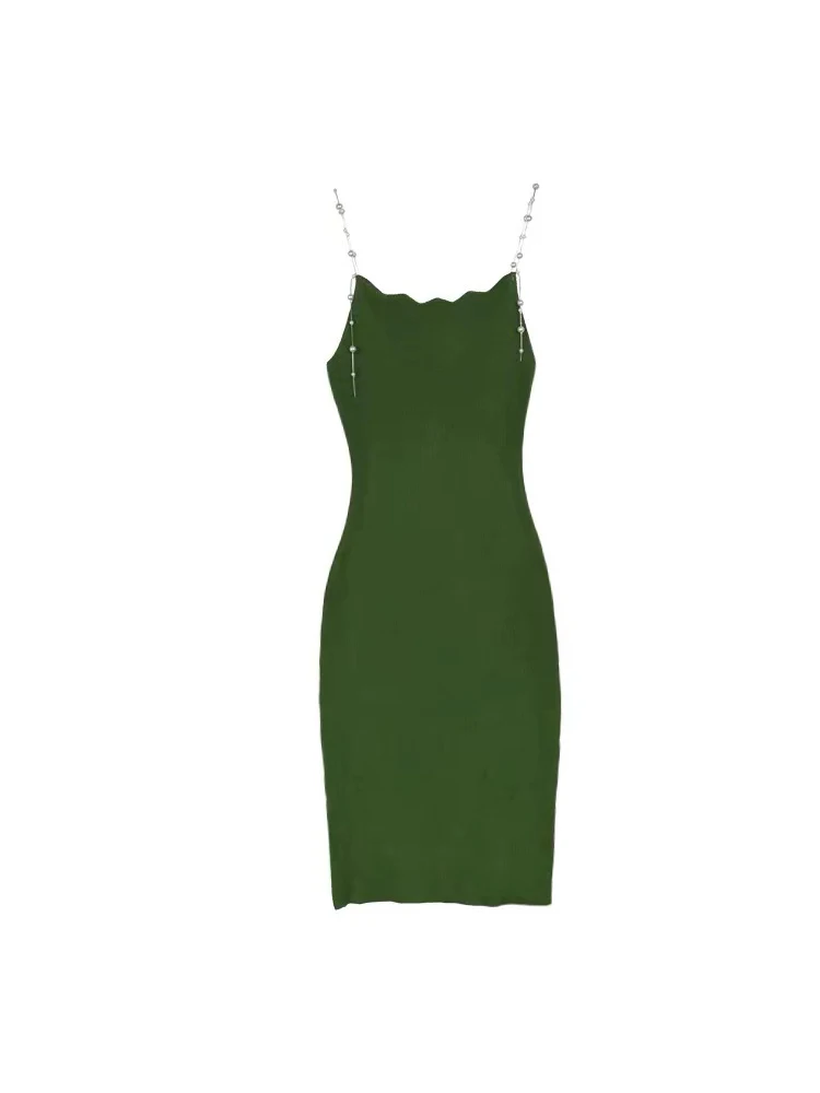 

Chic Pearl Embellish Spaghetti Strap Summer Green Dress Elegant Women Bodycon Party Cami Dress