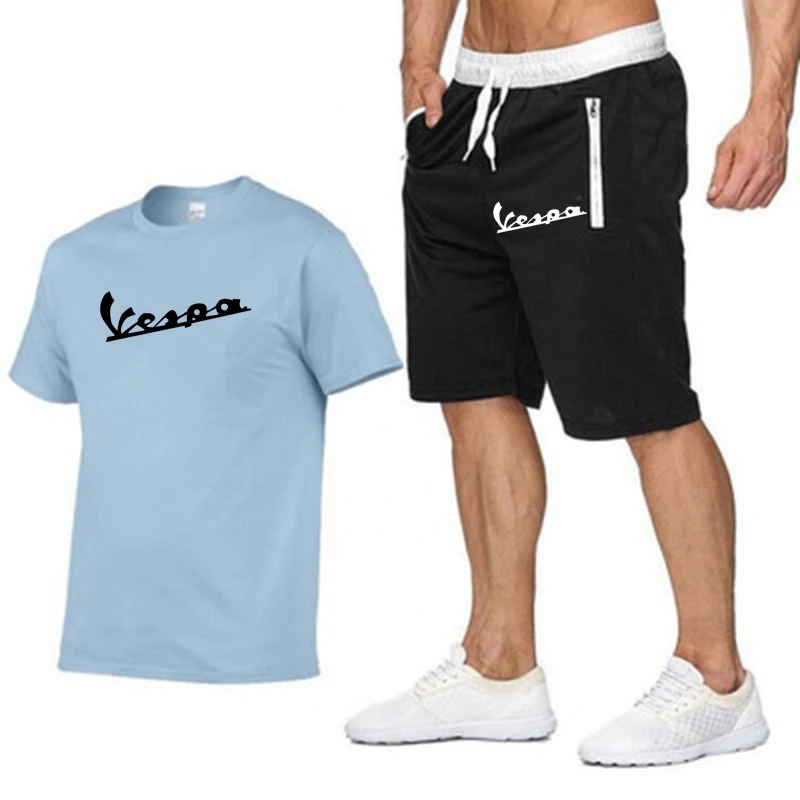 

Summer Brand T Shirt Men Vespa Fashion Cotton Short Sleeve Sporting Suit T-Shirt +Shorts Mens 2 Pieces Sets Sasual Clothing XXL