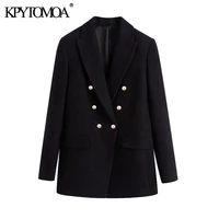 kpytomoa women 2021 fashion office wear double breasted tweed blazer coat vintage long sleeve pockets female outerwear chic tops