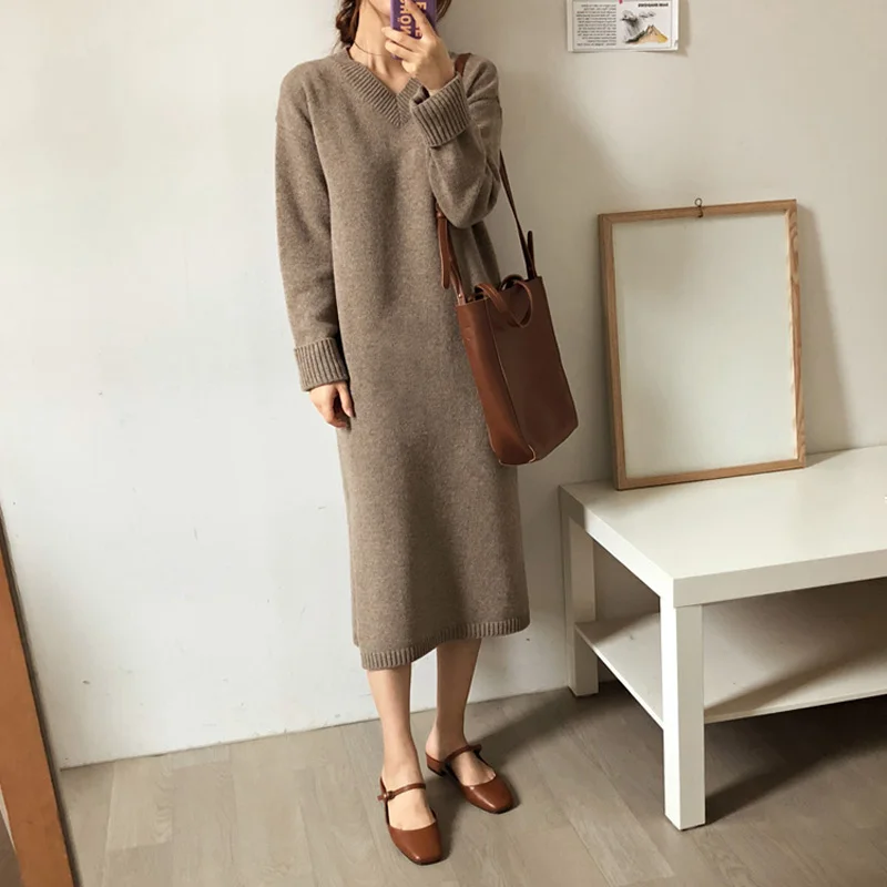 Женское трикотажное платье свитер с V образным вырезом и длинным рукавом|Женские