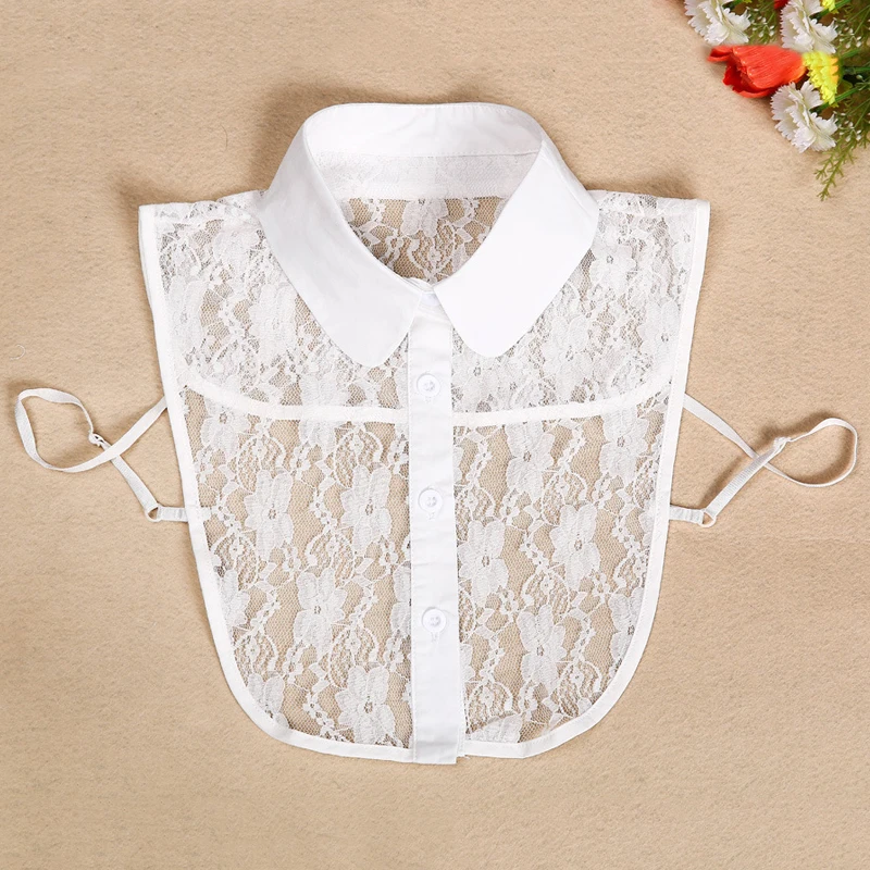 Корейский стиль белый Поддельный Воротник Женская блузка Осень кружево отложной