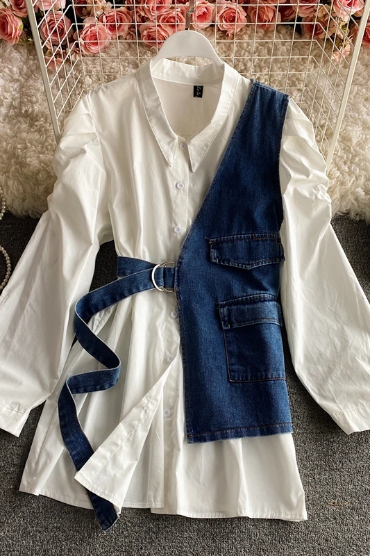 

2021 spring new shirt female long-sleeved design sense niche mid-length puff sleeve top denim two-piece trend
