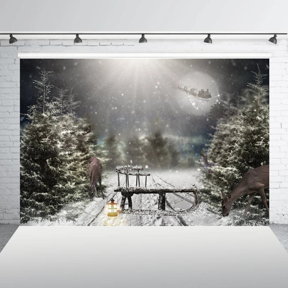 Фон на Рождество Новый Год зима белый снег рода сосна луна ночь фото фон для детей