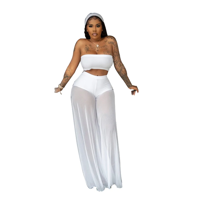 Fashion Trend Bohemian Hot European And American Sexy Women's Pure Color Transparent Mesh two-piece Set 018