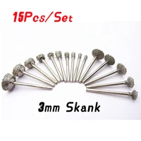 15pcs 46 grit various shapes sizes diamond coated grinding burr 3mm mandrel stone carving grinding tool for dremel rotary tool