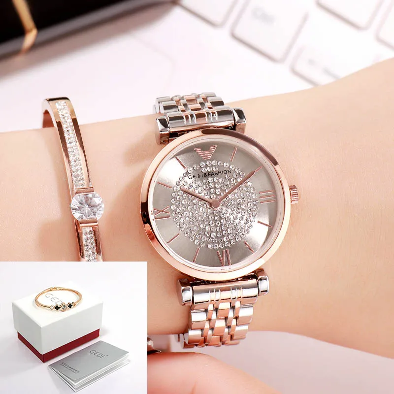 Rosegold gray box ЖЕНСКИЕ НАРЯДНЫЕ часы GEDI, роскошные часы с кристаллами, кварцевые часы для девушек, роскошные женские наручные часы из нержавеющей стали, часы reloj mujer - Цвет: Rosegold gray box