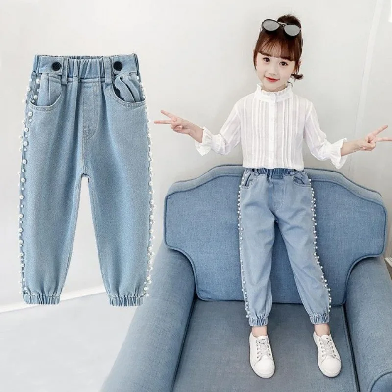 

Light Blue Pearl Blue Spring Autumn Jeans Pants Girls Children Kids Trousers Clothing Teenagers Thicken High Quality