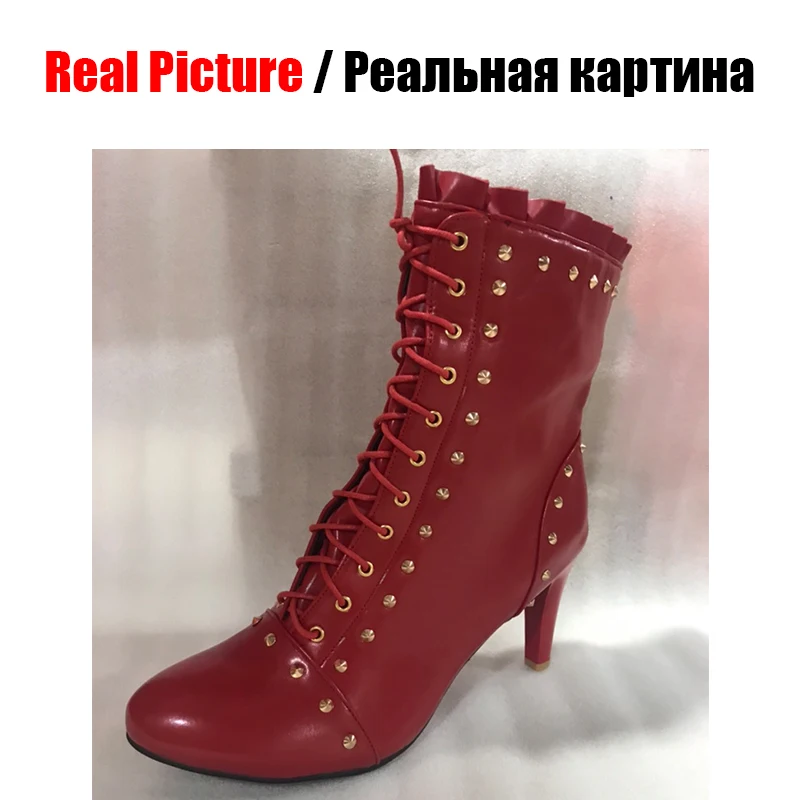 DoraTasia/Новое поступление, женские ботильоны с заклепками, украшенные оборками, на шнуровке, женская обувь на высоком каблуке-шпильке