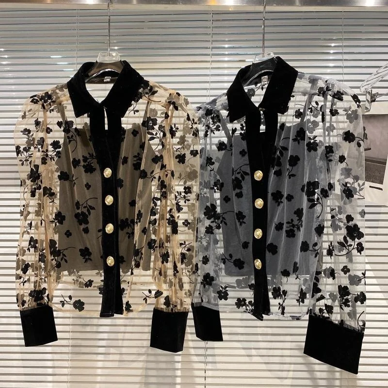 

Женские рубашки из сетчатой марли с принтом сломанных цветов, Новинка осени 2021, подтяжки с ремнем, темпераментная бархатная рубашка с ворот...