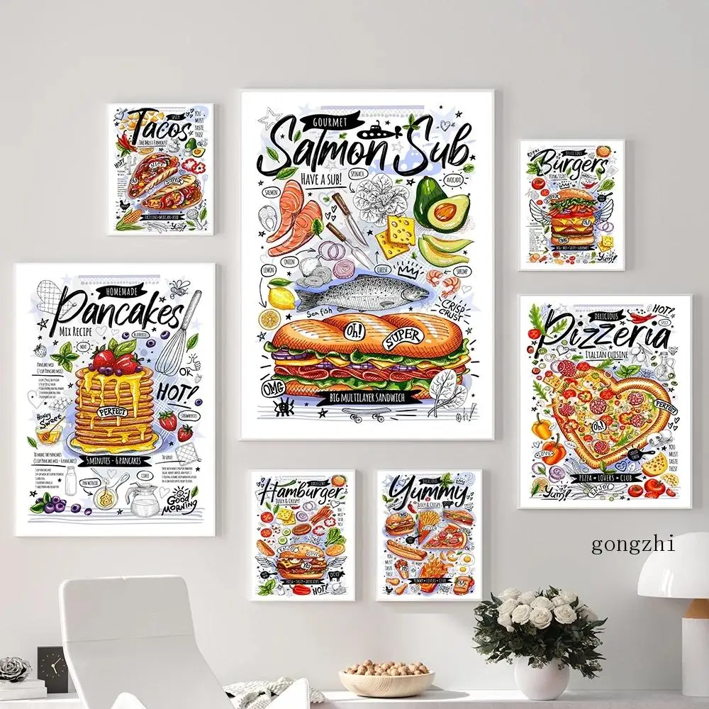 

Vintage Hamburger Pancake Kitchen Posters Foods Canvas Painting and Prints Modern Wall Art Pictures Dining Room Home Decoration