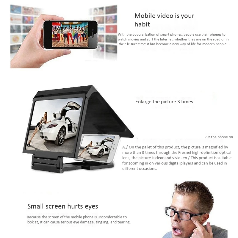 Mobile Phone Screen Magnifier 3D Video High-Definition Magnifier Multifunctional Mobile Phone Holder Magnifier Black