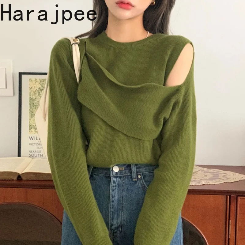 

Harajpee Women Sweater Retro Gentle Temperament Strapless Irregular Loose Long-sleeved Sweater 2021 Autumn Winter Korean New