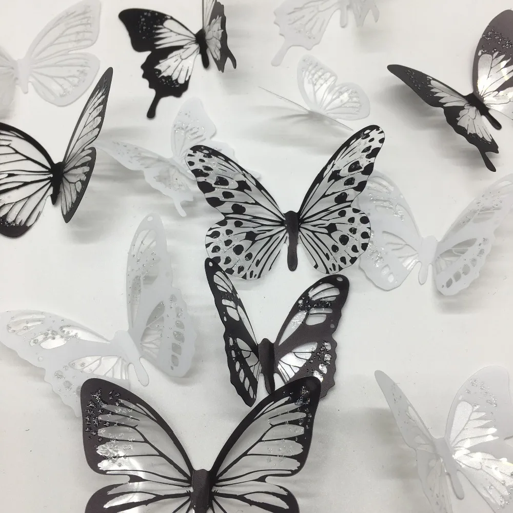 

18pcs/set Black and White Crystal Butterflies Wall Sticker For Kids Rooms Art Mural Refrigerator Wedding Decoration Wall Decals