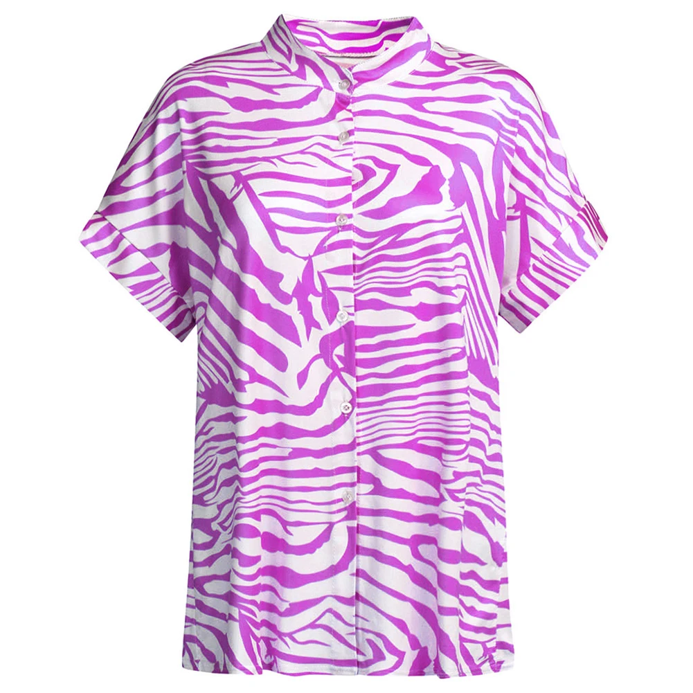 

Women Zebra-Stripe Collar Button Short Sleeve Loose Casual Top Shirt Blouse 2020