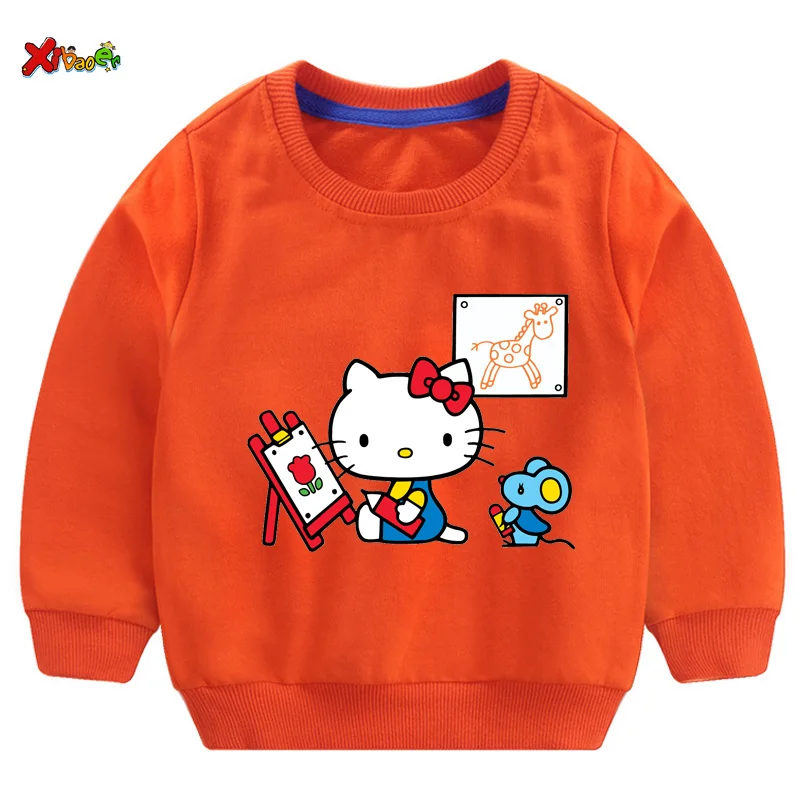 Свитшоты для маленьких девочек Футболка hello kitty г. Осенние толстовки для малышей, пуловер с длинными рукавами Модная одежда с героями мультфильмов красный, белый